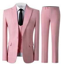 Mens Suit 4 Piece Suits Plaid Double Breasted Formal Business Wedding Prom Suit Male Groom, Blazer+Vest+Pant - 粉色 - 查看 2