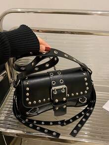 时尚纯色铆钉装饰腋下包皮扣翻盖单肩包，适合逛街、钱包、购物、年轻女性、大学生、新人、白领。非常适合办公室、大学、工作、商务、通勤、户外活动、旅行和郊游 - 黑色 - 查看 1