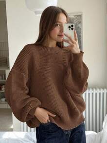 1pc Girls Casual Thick Pullover Sweater, Comfortable Student Knitwear For Autumn/Winter - Soft & Comfortable Solid Color Sweater, Brown Knitted Sweater