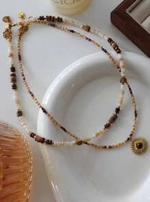 Retro Elegant Layered Tiger Eye Stone Pendant Necklace For Women Stainless Steel Double-Layer Collarbone Chain Sets Jewelry, Ladies' Daily Party Accessories, Fashionable Jewelry, Best Friend Gifts(Natural Stone Color Random)