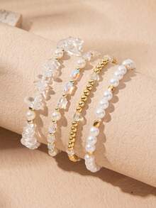 4 件时尚优雅彩色不对称水晶串珠珍珠手链套装。幸运石带来好运，适合日常佩戴或送礼