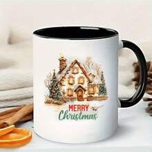 1 Stück rustikale Weihnachtshaus Keramiktasse - große isolierte Kaffeetasse mit Griff, wiederverwendbare Feiertags-Teetasse, perfektes Geschenk für Männer & Frauen, einzigartiges Geschenk für Wichteltausch, spülmaschinenfest, Heim- & Küchendekoration