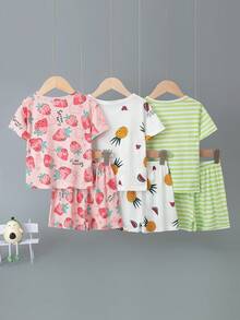 6 件套年轻女孩水果印花短袖短裤睡衣套装，轻便睡衣 - 彩色 - 查看 2