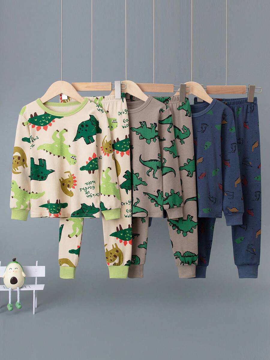 6件套男童卡通纯棉内衣套装，可爱恐龙印花长袖衬衫和裤子睡衣，厚棉秋冬睡衣 - 彩色 - 查看 1
