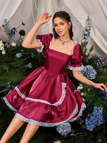 Faeriesty 优雅的方形领口泡泡袖 A 字连衣裙 | 蕾丝边春夏飘逸套装，适合花园派对、婚礼、早午餐和正式活动