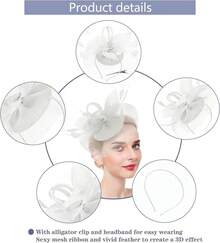 Ibeauti Fascinator Hats With Screentouch Lace Gloves Set Women Tea Party Cocktail Wedding Derby Headwear Short Gloves - 07 白色 - 查看 3