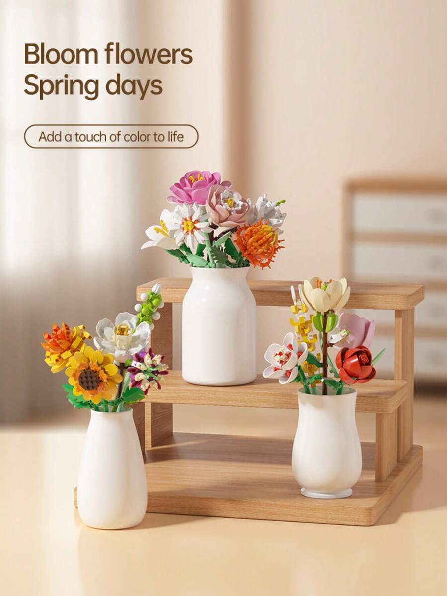 70+件儿童积木花束，人造花艺，ABS材质益智小颗粒积木，包含向日葵、玫瑰、郁金香、山茶花，适合教师节、情人节、圣诞节礼物