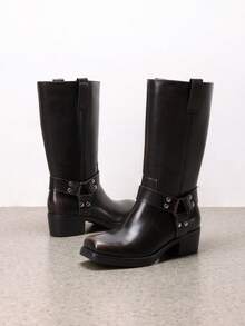 Dream Pairs Women's Motorcycle Boots Fashion Casual Slip-On Buckle Square Toe , Western Boots Chunky Heel  Autumn & Winter Tall Boots,Knee High Boots , Mid-Calf Boots For Festival Go With Dress Rust Brown - 鏽棕色 - 查看 6