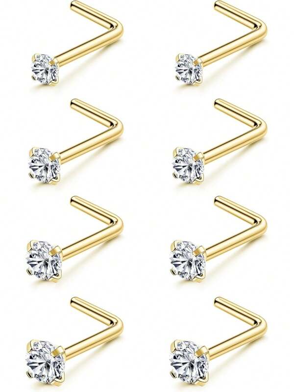 Milacolato 8PCS Titanium Nose Rings, 20G/18G Corkscrew & L Shape Studs, Diamond CZ, Silver & Gold, Hypoallergenic, 1.5mm-3mm