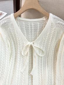 Áo khoác cardigan dệt kim tay dài màu trơn, thắt nơ phía trước dành cho nữ, nhẹ nhàng, mềm mại, thích hợp cho mùa xuân thu, màu trắng. - trắng - Xem 3