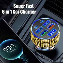 1pc 2-Port/4-Port/6-Port/8-Port Car Charger, Diamond Bling Bling 3-In-1 Charging Cable, Fast Charging, Type C, USB, Car Adapter, USB A To Type C, Type C To Type C Compatible With Phones, Dashcam, GPS, Men/Women Holiday/Birthday Gift