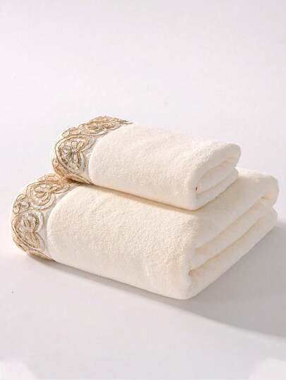 1件/2件浪漫心形蕾丝珊瑚绒毛巾，超柔软吸水亲肤速干手巾，户外泳池毛巾，成人情侣居家日用面巾，浴巾70*140cm，洗脸巾34*75cm