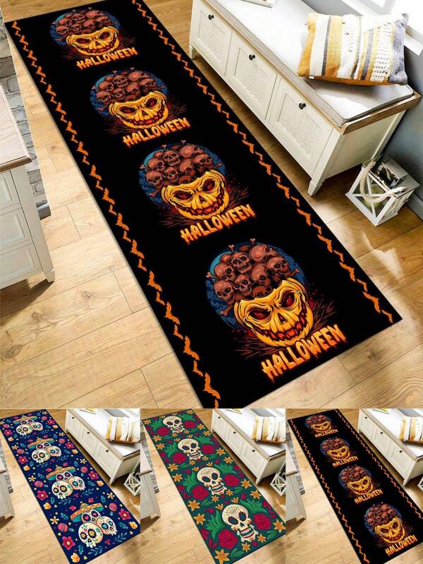 1 Stück Halloween Küchenfußmatte, Schädel Kristall Samt Fußmatte, schmutzresistent, saugfähig, rutschfeste Matte, Kürbisteppich, geeignet für Schlafzimmer und Wohnzimmer