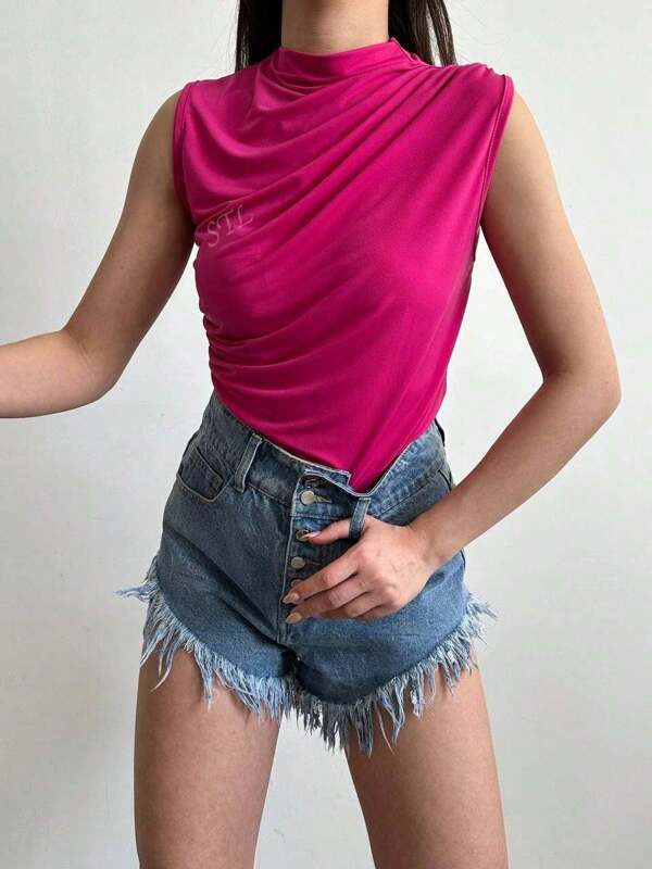 Dames blouse met effen opstaande kraag, casual, opengevouwen asymmetrische zoom