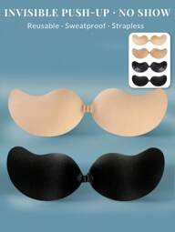 2/3/4 piezas Sujetadores invisibles con forma de mango - Sujetadores sin tirantes de silicona con efecto push-up para vestidos sin espalda, almohadillas adhesivas transpirables y reutilizables para levantar el busto, amigables con la piel para mujeres