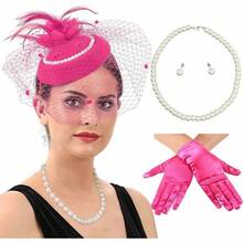 Ibeauti Fascinator Hats With Screentouch Lace Gloves Set Women Tea Party Cocktail Wedding Derby Headwear Short Gloves - 01 亮粉色 - 查看 1