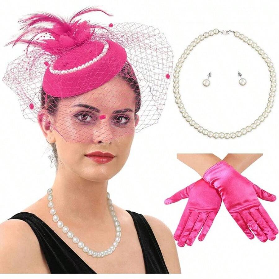 Ibeauti Fascinator Hats With Screentouch Lace Gloves Set Women Tea Party Cocktail Wedding Derby Headwear Short Gloves - 01 亮粉色 - 查看 1
