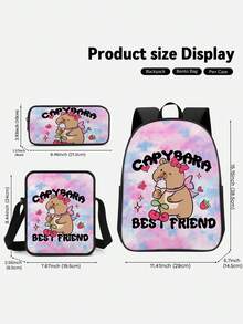 3PCS Back To School Backpack For Girls, Kids Feature Cute Capybara Backpack For Teens Elementary Middle High School Students, Large Capacity 16 Inch School Bags With Shoulder Bags And Pencil Case - Backpack + Shoulder Bag + Pencil Case - View 3