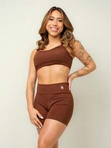 Backless Strappy Jumpsuit Kit + Fitness Set Strap Top Shorts Mid-Thigh Zero Transparency Gym - Cà phê nâu - Xem 8