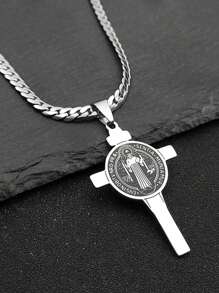 Colar com pingente de cruz cristã de Jesus CSPB INRI para mulheres e homens, corrente religiosa de aço inoxidável de São Bento