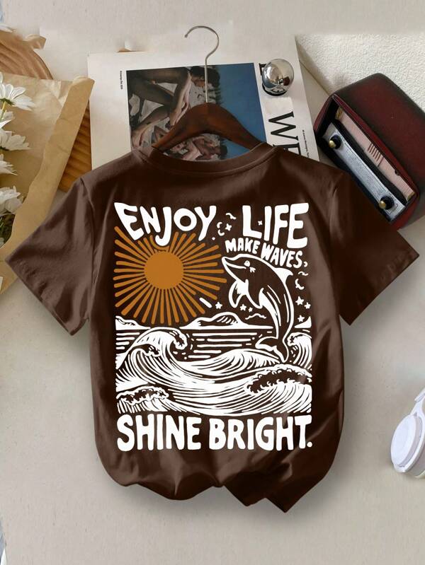 Young Boy Yongboy Simple Casual Vacation Dolphin & Letter Print Crew Neck T-Shirt, Summer
