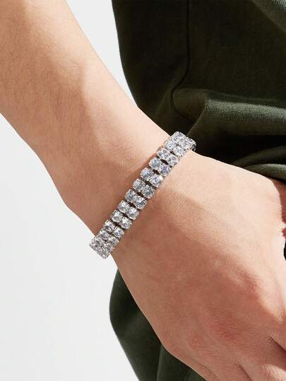 SEQUITO 1 Pc High Grade Yellow Gold Plated Unisex Style Bracelet Jewelry Pave Setting Double Row Square Bling AAAAA Cubic Zirconia Evening Party Strand Bracelet