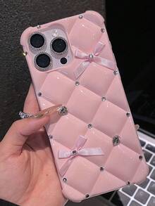 Glitter Diamond Bowknot Phone Case Compatible With Iphone 16 15 14 13 12 11 Pro Max Soft Tpu Shockproof Handmade Plus 16E Protection Cover Waterproof Anti-Fall Scratch Resistant - Pink - View 2