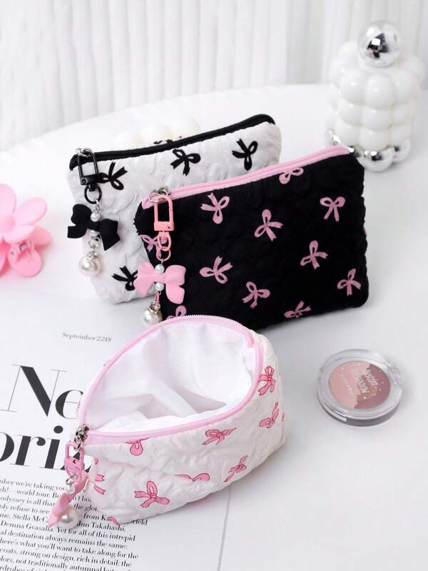 1 Piece Bow Makeup Bag, Travel Grooming Bag, Highly Attractive Coin Purse, Multifunctional Storage Bag, Cute And Non Easy To Fall Off Makeup Bag With Hanging Chain, Large Capacity High-End Bag