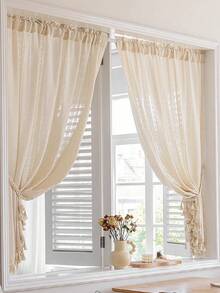 1 件日式亚麻色竖条纹窗帘，复古美式风格门口隔断帘