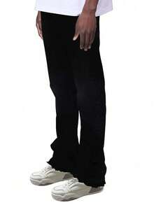 男士修身牛仔裤、哈伦裤、喇叭牛仔裤，高端黑色简约百搭纽扣拉链休闲裤，适合所有季节 - 黑色 - 查看 2