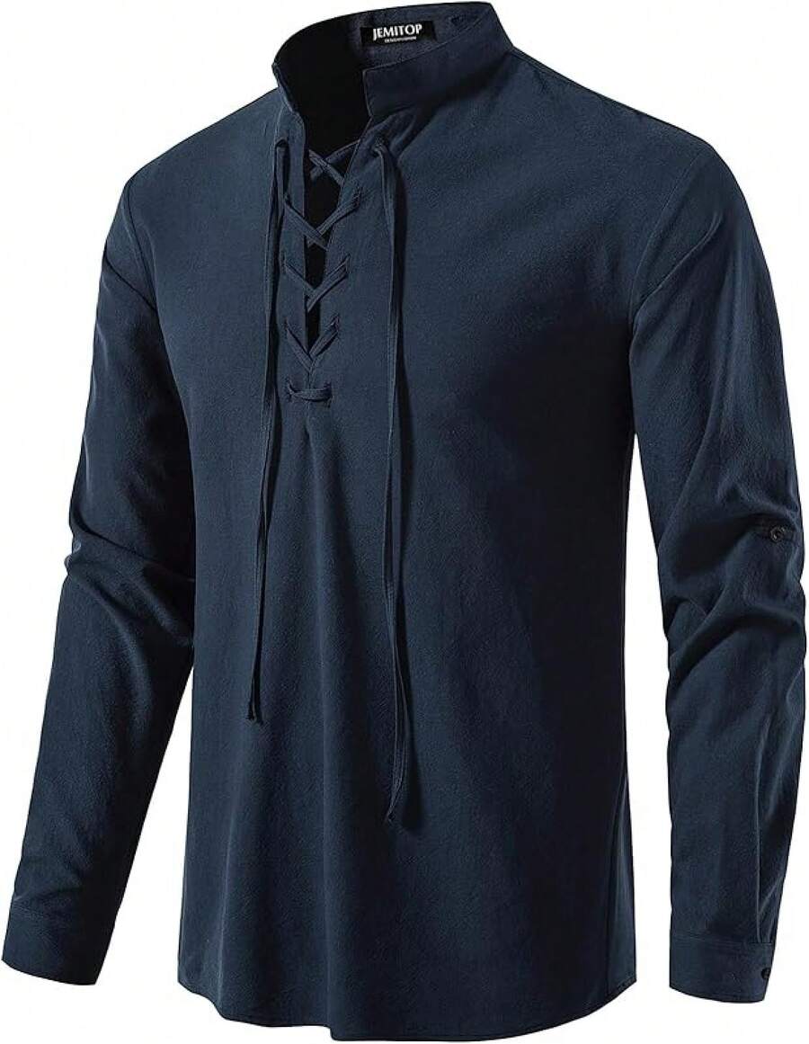 Men's Pure Cotton Retro Lace Up Shirts For Renaissance Pirate Viking Medieval - Navy Blue - View 1
