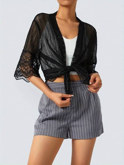 Womens Open Front Shrug Short Sleeve Solid Color Lace Patchwork Sheer Bolero Cover Up
