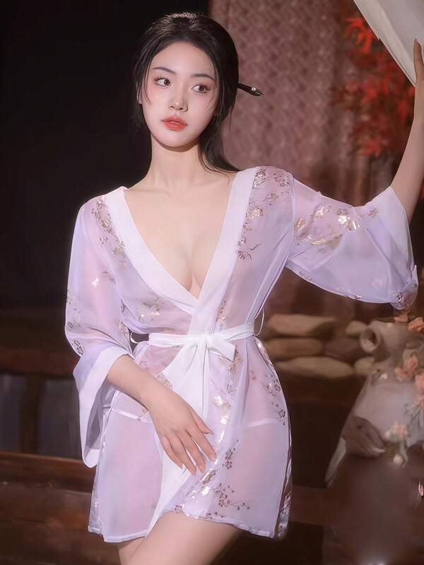 2PCS Long Sleeve Semi-Transparent Outer Shirt + Small Underwear Gold Foil Print Thin Blouse Pajamas Robe Set Purple Homewear  Retro Blouse Exotic Style Suit 6475 Suitable Weight: 40kg-70kg