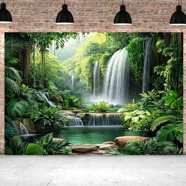 Dikke jungle waterval achtergrond - Levendig regenwoudlandschap met mistige sfeer, eenvoudig op te hangen, geen stroom nodig - ideaal voor verjaardagen en lentethema-activiteiten, hoge waterval in de woonkamer