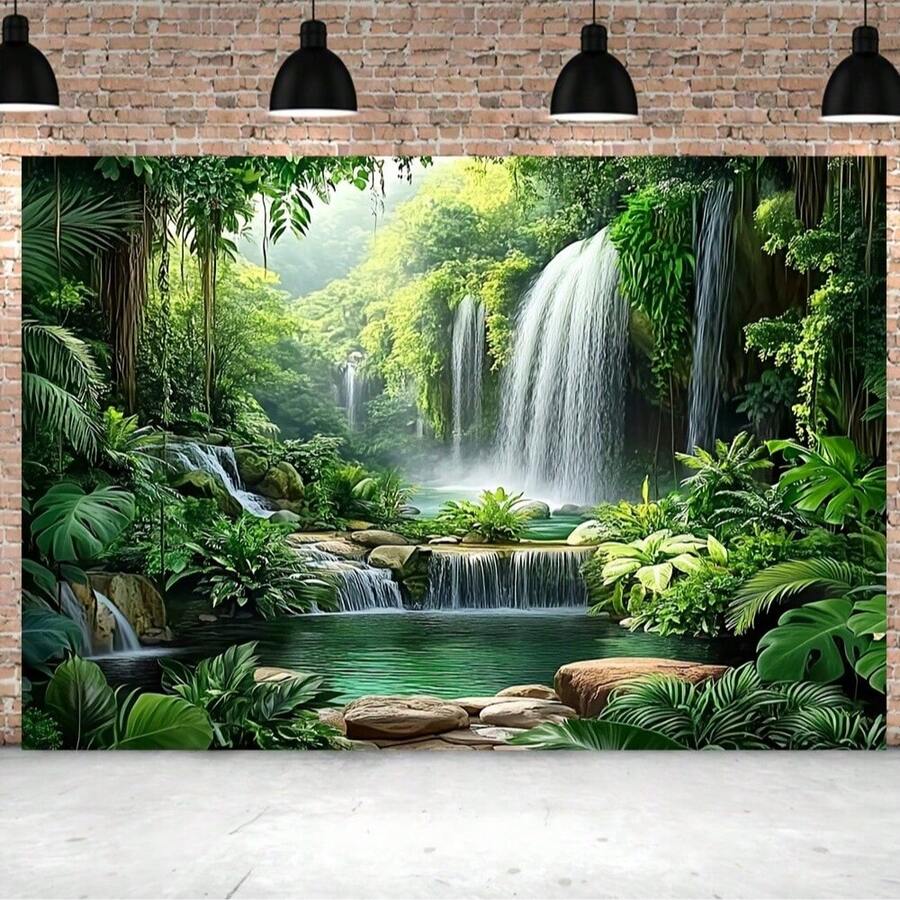 Thick Jungle Waterfall Background - Vibrant Rainforest Scene With Misty Atmosphere, Easy To Hang, No Power Required - Ideal For Birthday And Spring Theme Activities, High Waterfall In Living Room - Multicolor - View 1