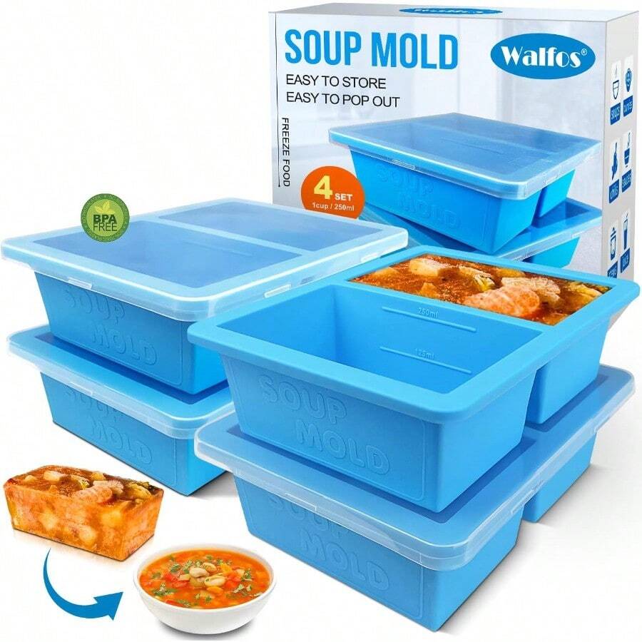 ACZ Walfos 1Cup Silicone Freezer Molds With Lid 4 Packs Soup Freezer Ice Cube Tray For Food Silicone Food Freezing Container For Storing And Freezing Soup Broth Sauce And Ice. 2216 - 1杯4個 - 查看 1