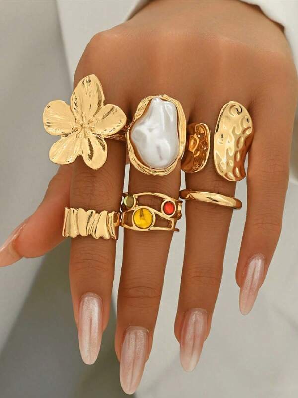 6 pièces/Set Ensemble de bagues ouvertes exagérées décorées de fleurs métalliques vintage et de faux perles