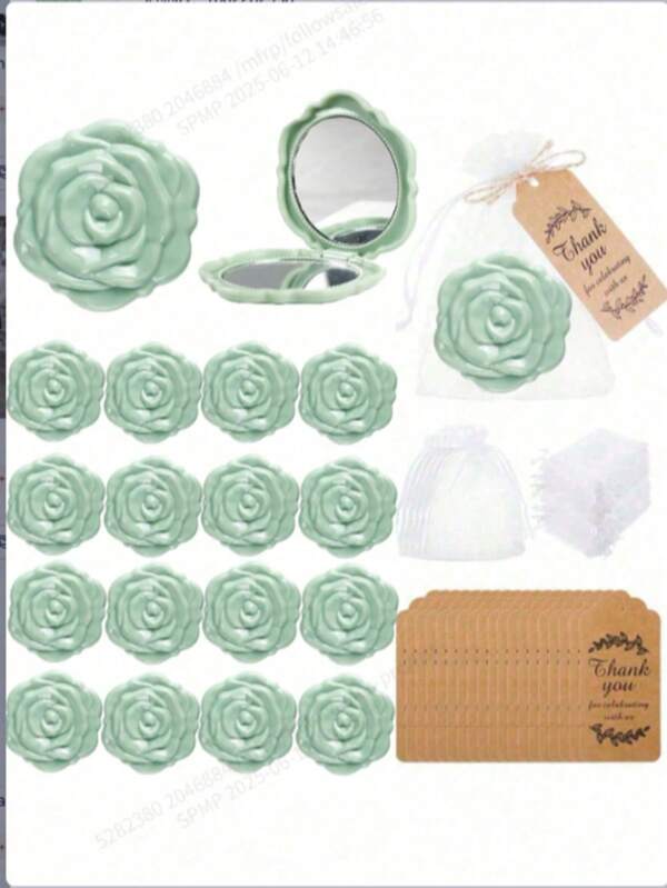18pcs/Set, Bridal Shower Favors Rose Design Mirrors Plastic Compact Mirrors Bridal Thank You Cards With Organza Bags Wedding Party Gifts Bridesmaid Gifts For Guests Bridal Party Supplies