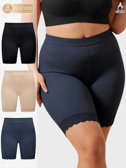 3pcs Plus Size Women's High Waisted Compression Shorts, Breathable Anti-Chafing Undershorts, Elegant Lace Trim Splice Panties