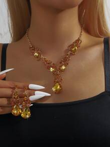 [1 Set Boho Chic Jewelry] 1 Set Boho Chic Y-Necklace And Dangle Earrings Jewelry Set | Alloy With Green Gemstone Accents | Versatile For Daily Wear And Gifting, Earth Day Celebration Accessory