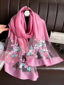 1 pezzo Sciarpa di seta elegante da donna con motivo traforato, perle finte e reticolare, sciarpa rossa tinta unita con fiore, sciarpa casual per la testa e il collo, adatta per l'uso quotidiano in autunno e inverno come accessorio