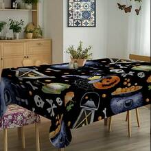 1pc Rectangular Tablecloth With Whimsical Halloween Theme, Colorful Skull, Ghost, Pumpkin Elements, Suitable For Daily Home, Living Room, Dining Room, Theme Party Events, Washable And Reusable