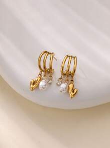1 paire de boucles d'oreilles à tige en acier inoxydable et perle de fantaisie, accessoires d'oreille en forme de cœur de luxe convenant pour les fêtes, les banquets, les festivals de musique, les vacances, les rendez-vous ou en cadeau pour les femmes