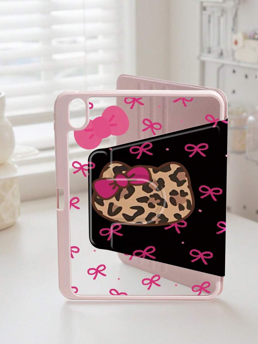 豹纹&猫&蝴蝶结 720°旋转双面印花保护壳 兼容 iPad Pro11 英寸 (M4)-2024、Pad Air 4th (10.9 英寸)，亚克力防弯曲平板电脑保护壳 兼容 iPad Air4/5 10.9 英寸、iPad Pro 11 英寸、iPad 7/8/9 代 10.2 英寸，旋转亚克力透明外壳，兼容水平和垂直旋转，内置笔槽，防弯防摔