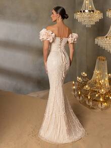 Faeriesty Haute Glamour Luxury Beaded Mermaid Evening Gown With Puff Sleeves – Off-Shoulder Silhouette, Floor-Length Train For Luxe Festivals & High-Profile Events - 杏色 - 查看 2