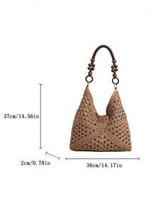 Handwoven Straw Shoulder Bag, Simple Design For Women - Khaki - View 5