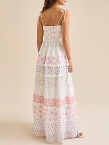 Women Floral Tie Shoulder Dress Deep V Neck Spaghetti Strap Backless A-Line Layered Ruffled Long Dress - Peach - View 5