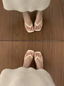 Soft Leather High Heel Flip Flops Thong Sandals Square Toe Low Block Heel Beach Minimalist Slippers For Women, Simple & Versatile, Suitable With Dresses, French Elegant Style - White - View 2