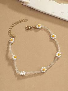 1pc Beaded Anklet, Daisy Flower & Pearl Design, Fashionable Beach Style - Multicolor - View 3