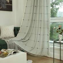 Boho Curtains 84 Inches Long Bedroom, Taupe Cotton Linen White Stripes Embroidery, Chic Hollow Geometric, Semi Blackout Window Vintage Drape With Tassels, 1 Panel W52 X L84, Fashionable Home Decor - 灰白色 - 查看 9